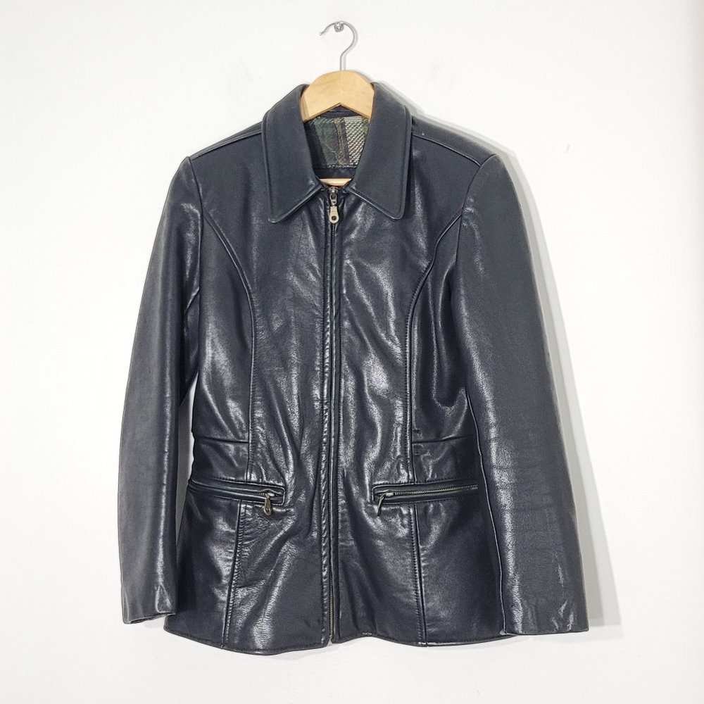 Oscar Leopold Leather Jacket Full Zip Black Lined Zip Pockets Vintage Size Small